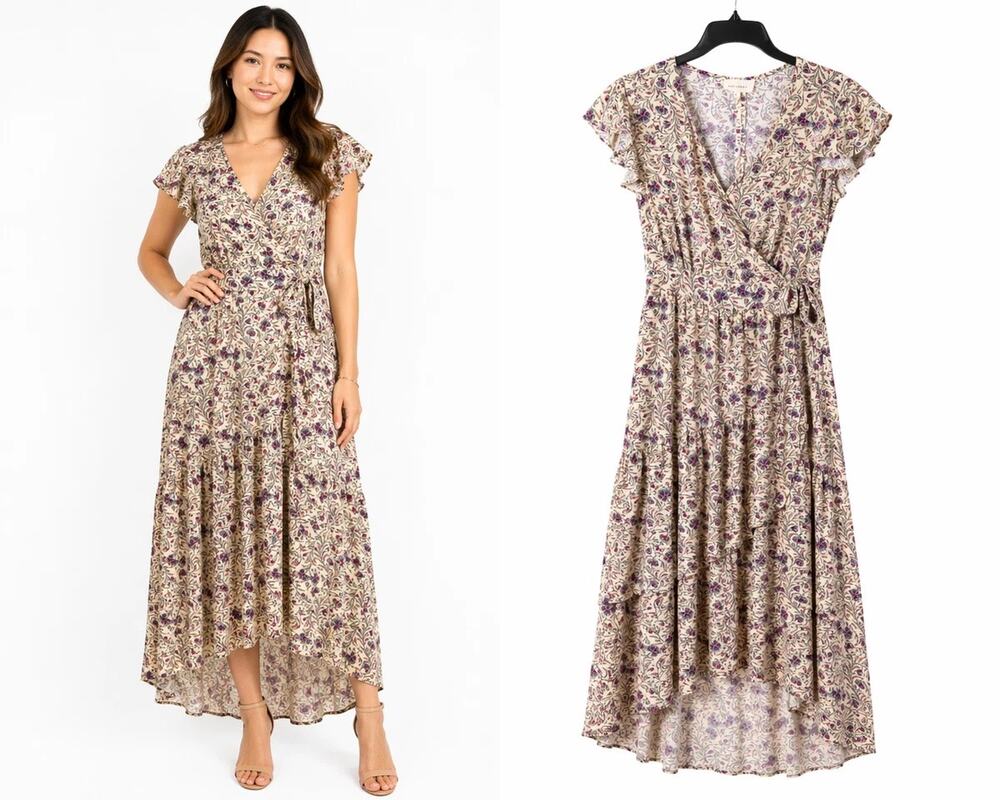 White Ruffled Floral Faux Wrap Dress Size Small